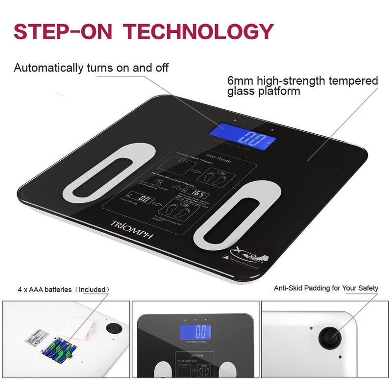 Triomph Precision Body Fat Scale with Backlit LCD Digital Bathroom Scale For Body Weight, Body Fat,Water,Muscle,BMI,Bone Mass and Calorie,10 User Recognition 400 lbs Capacity,Fat Loss Monitor,Black - Image 3