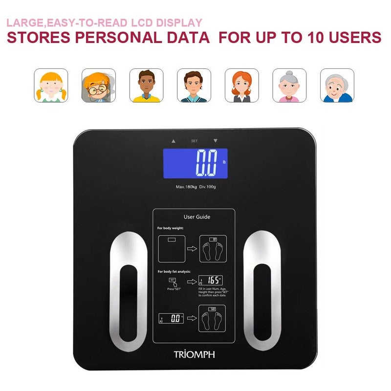 Triomph Precision Body Fat Scale with Backlit LCD Digital Bathroom Scale For Body Weight, Body Fat,Water,Muscle,BMI,Bone Mass and Calorie,10 User Recognition 400 lbs Capacity,Fat Loss Monitor,Black - Image 5