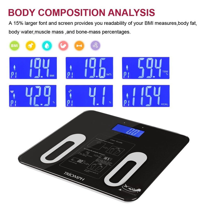 Triomph Precision Body Fat Scale with Backlit LCD Digital Bathroom Scale For Body Weight, Body Fat,Water,Muscle,BMI,Bone Mass and Calorie,10 User Recognition 400 lbs Capacity,Fat Loss Monitor,Black - Image 4