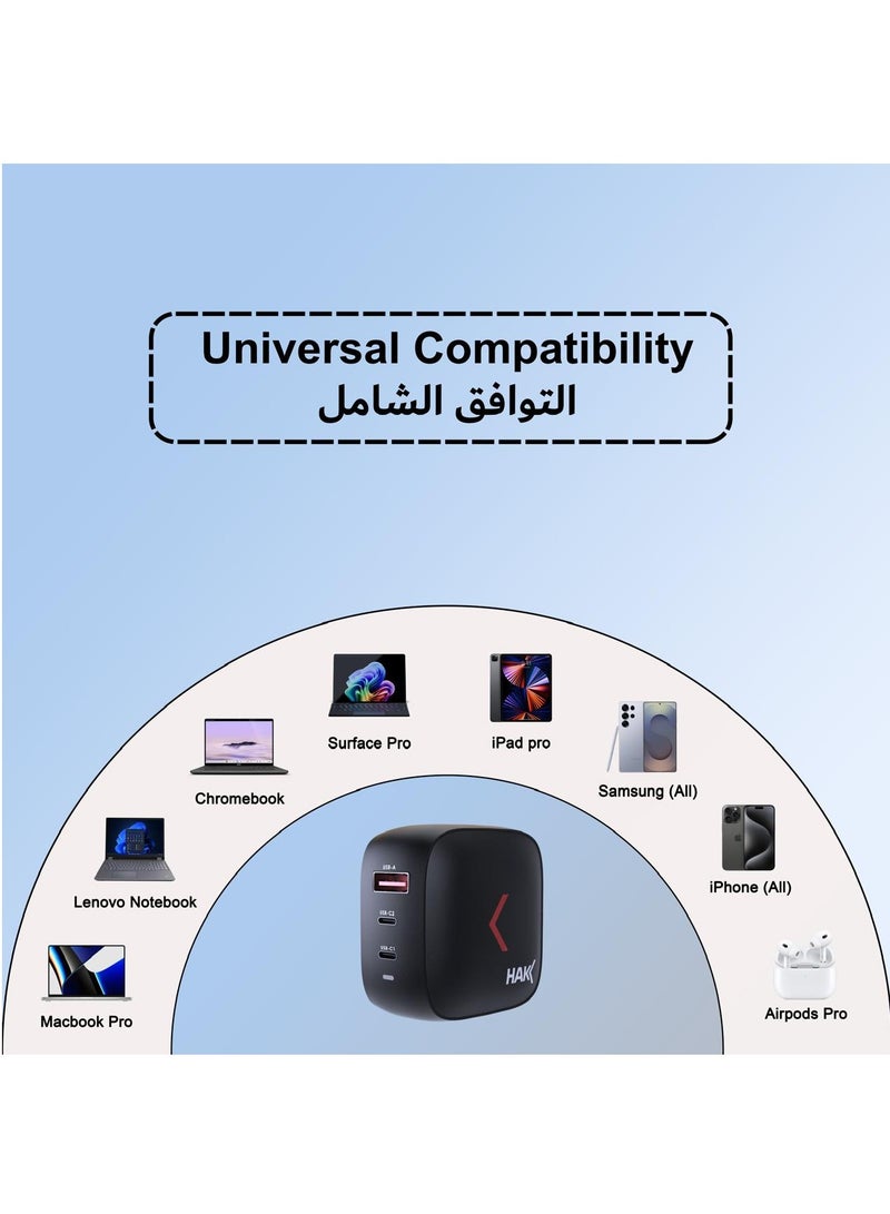 HAKK 70W GaN Fast Charger USB-C PD Wall Adapter | Compact Multi-Port Type-C Power Charger for MacBook Pro, MacBook Air, Laptop, iPhone 15/14/13, iPad Pro, Samsung Galaxy | Portable High-Speed Charging Brick - Image 3