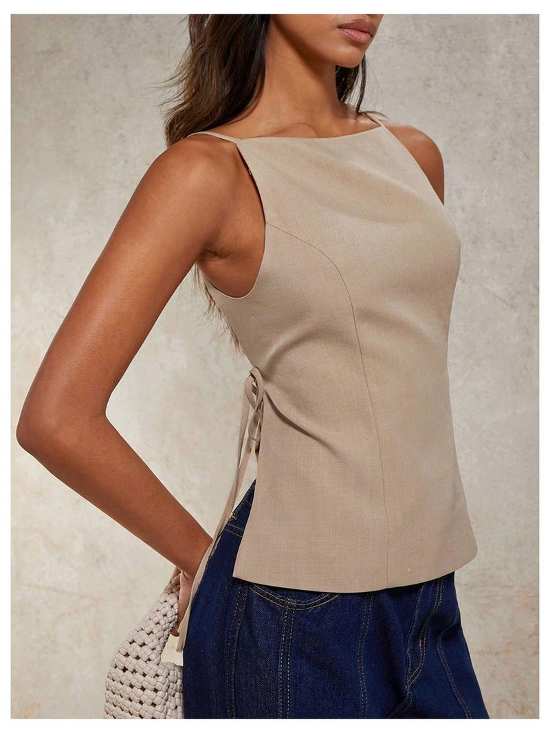 MakeMeChic Women's Going Out Tops Y2k Halter Tops Dressy Backless Top Khaki Medium - Image 4