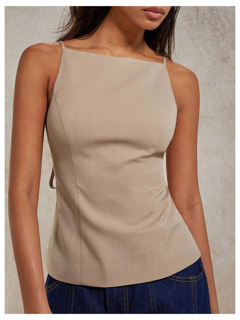 MakeMeChic Women's Going Out Tops Y2k Halter Tops Dressy Backless Top Khaki Medium - Image 3