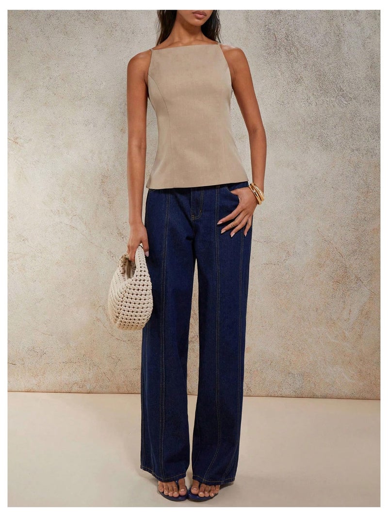 MakeMeChic Women's Going Out Tops Y2k Halter Tops Dressy Backless Top Khaki Medium - Image 5