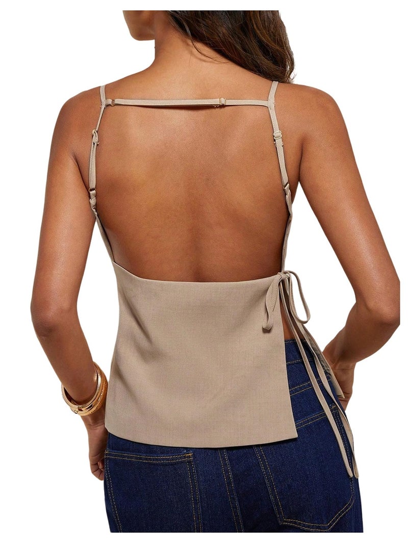 MakeMeChic Women's Going Out Tops Y2k Halter Tops Dressy Backless Top Khaki Medium - Image 1
