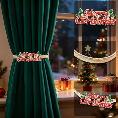 LLPMutu 4 Pack Christmas Curtain Tieback Buckle Aluminum Alloy Spring Design Curtain Holdback Carving Design Christmas Curtain Ties for Drapes Curtain Ties Backs Modern Christmas Decor (Merry Christmas) - Image 2