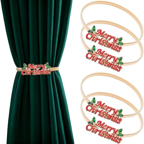 LLPMutu 4 Pack Christmas Curtain Tieback Buckle Aluminum Alloy Spring Design Curtain Holdback Carving Design Christmas Curtain Ties for Drapes Curtain Ties Backs Modern Christmas Decor (Merry Christmas) - Image 1