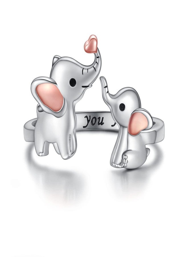 Apotie Silver Mom Daughter Elephant Ring Adjustable Love Heart Animal Rings Jewelry Mother's Day Gifts for Women Wife Nana - Image 1