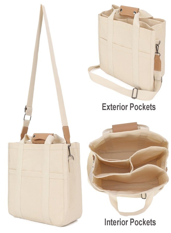 Barsine Canvas Tote Bag with Compartments Pockets Stylish Lightweight Messenger Bags for Work Church College - Image 2