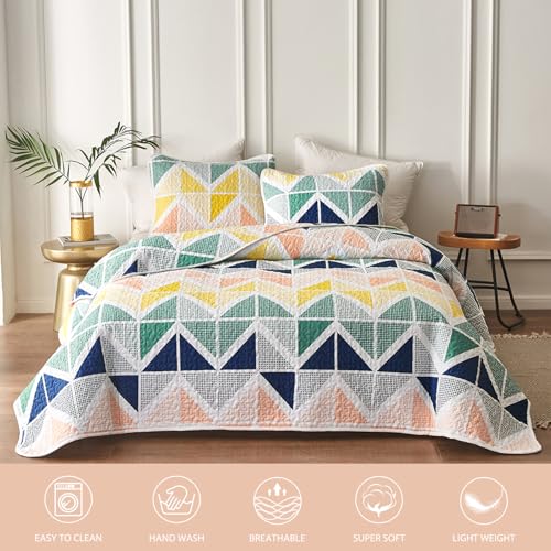 Uozzi Bedding Quilt Set for Summer 3 Piece Reversible Colorful Quilt Set Queen Size with Navy Green Orange Yellow Cubes Microfiber Lightweight Cool Breathable Bedding Coverlet Set Bedspread for St. Patrick's Day - Image 3