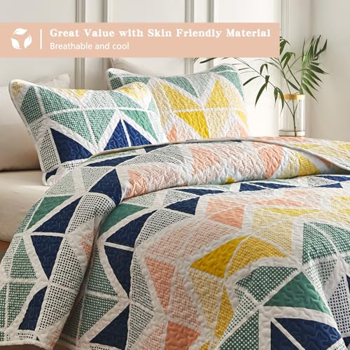 Uozzi Bedding Quilt Set for Summer 3 Piece Reversible Colorful Quilt Set Queen Size with Navy Green Orange Yellow Cubes Microfiber Lightweight Cool Breathable Bedding Coverlet Set Bedspread for St. Patrick's Day - Image 5