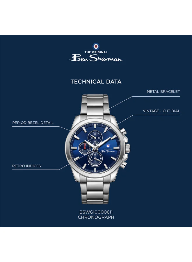 Ben Sherman Blue Oxford Blue Dial Stainless Steel Bracelet Chronograph Watch for Men, 44mm for Men | Best Price UAE