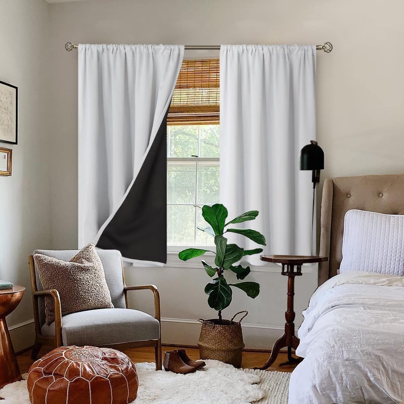 BGment بئسة معزولة حرارية بنسبة 100 ٪ الستائر اللعين لغرفة النوم مع بطانة سوداء طبقة مزدوجة الكاملة الغرفة الضيق ضوضاء ستارة جيب قضيب القضيب (52 × 45 بوصة رمادية أبيض 2 لوحات) - Image 2