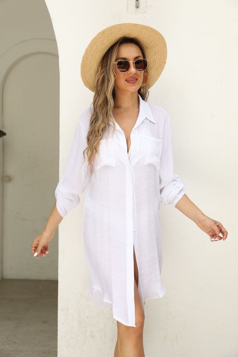 Wholesale European and American New Wrinkled Cloth Two-Uthed Hidden Pocket Button Beach Cover-Up Bikini Jacket Shirt Swimsuit(Light green, All yards) - Image 1