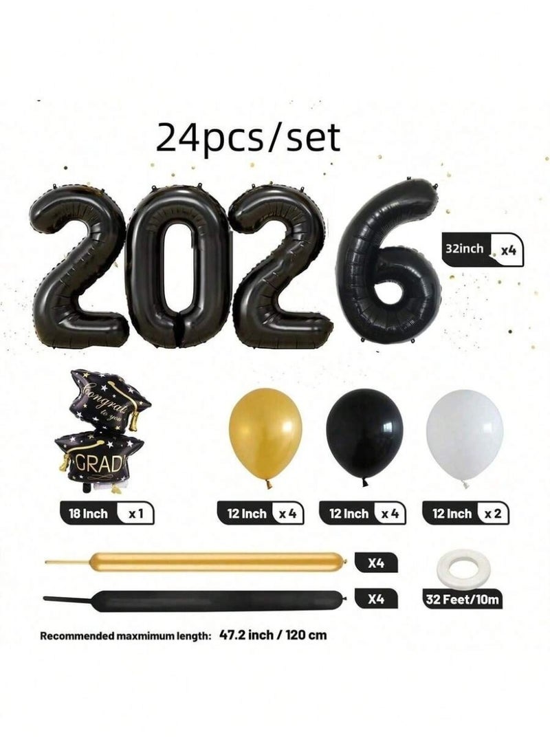زينة حفلات تخرج 2026 بالونات تخرج رقم 2026 طقم زينة تخرج 24 قطعة بالونات تخرج سوداء وذهبية للزينة والتصوير حفلات التخرج - Image 4