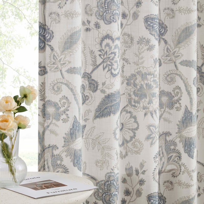 Kayne Studio Backtab Rod Pocket Jacobean Floral Semi Sheer Curtains Botanical Leaf Printed Vintage Farmhouse Blue Grey Light Filtering Window Treatment Sets Living Room Bedroom 52""X90"" 2 Panels - Image 2