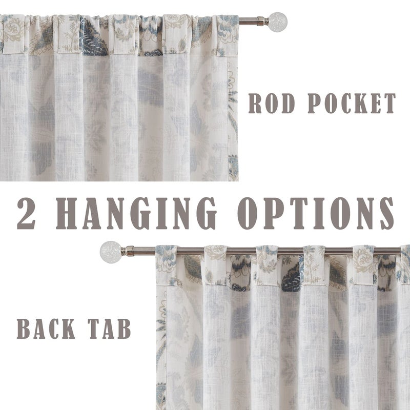 Kayne Studio Backtab Rod Pocket Jacobean Floral Semi Sheer Curtains Botanical Leaf Printed Vintage Farmhouse Blue Grey Light Filtering Window Treatment Sets Living Room Bedroom 52""X90"" 2 Panels - Image 4