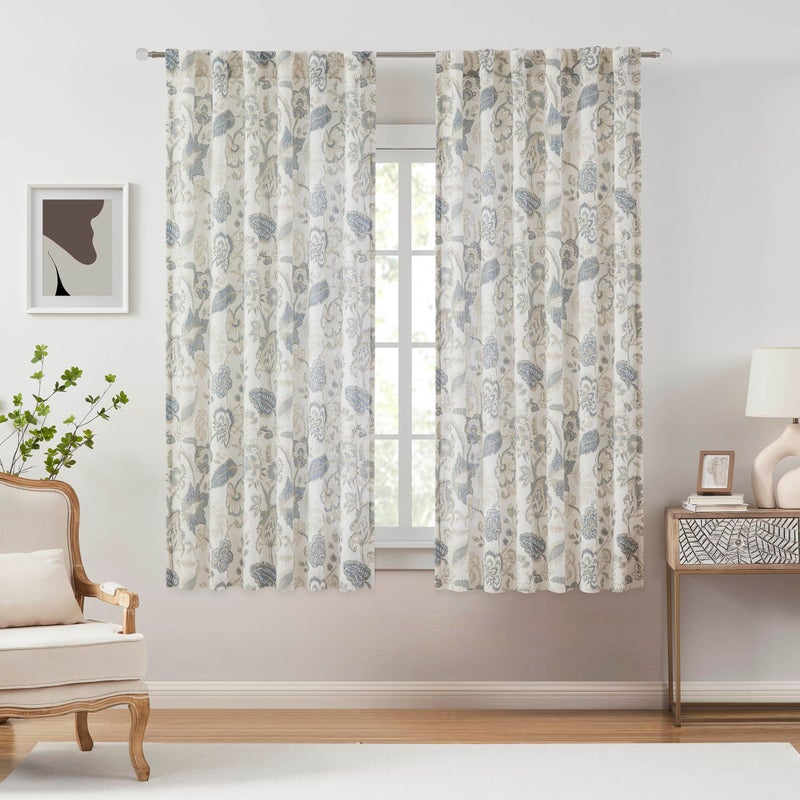 Kayne Studio Backtab Rod Pocket Jacobean Floral Semi Sheer Curtains Botanical Leaf Printed Vintage Farmhouse Blue Grey Light Filtering Window Treatment Sets Living Room Bedroom 52""X90"" 2 Panels - Image 1