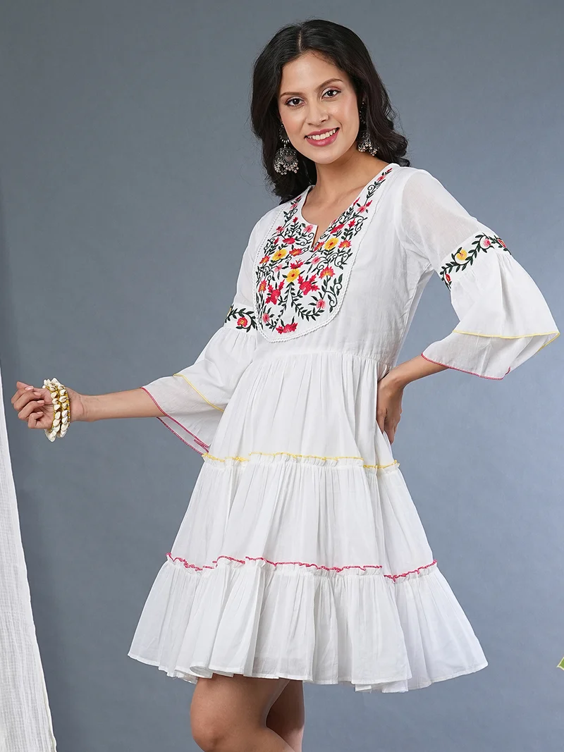 globus Women Floral Embroidered Flared Sleeves Gathered & Tiered Fit And Flare Dress