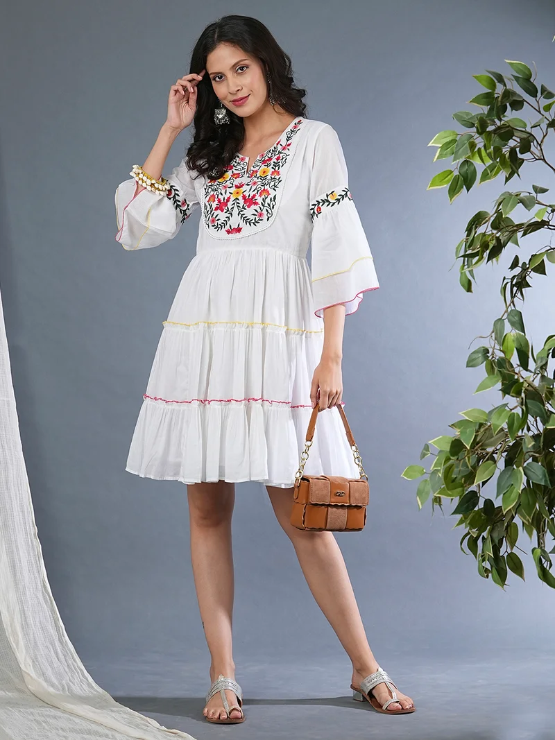 globus Women Floral Embroidered Flared Sleeves Gathered & Tiered Fit And Flare Dress