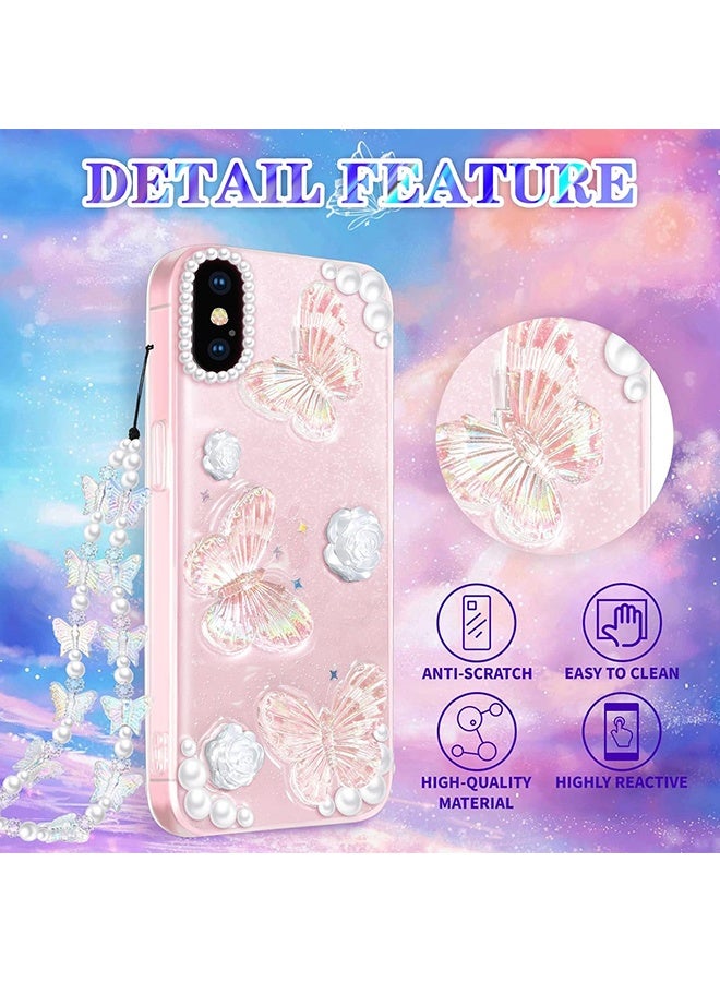 Wffo Compatible with iPhone XS Case - 3D Butterfly Rose Flower Shiny Girl Phone Case - Clear Phone Case - with Aesthetic Rose Floral Shiny Girly Phone Case - TPU Drop Protection - Crystal Butterfly - Image 2