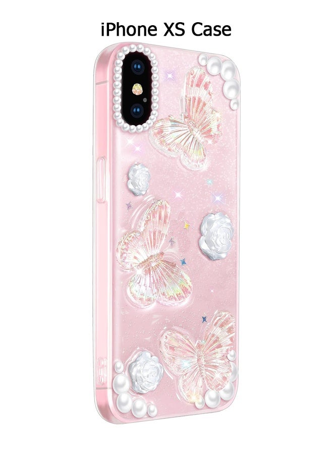 Wffo Compatible with iPhone XS Case - 3D Butterfly Rose Flower Shiny Girl Phone Case - Clear Phone Case - with Aesthetic Rose Floral Shiny Girly Phone Case - TPU Drop Protection - Crystal Butterfly - Image 1