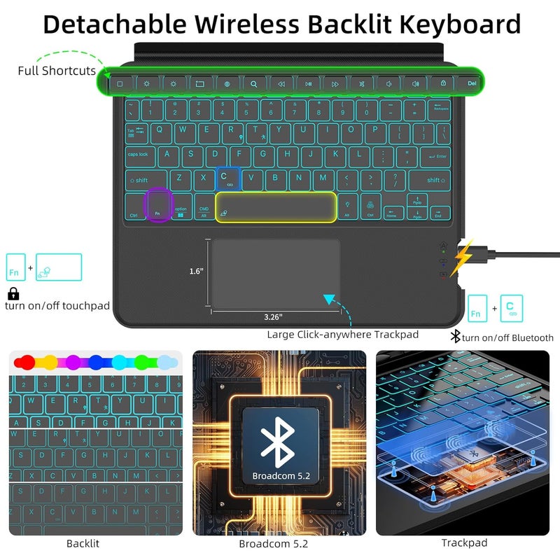 JUQITECH Trackpad Keyboard Case for Samsung Galaxy Tab A9 Plus/A9+ 11 Inch 2023, Tablet Protector Smart Case Kickstand Magnetic Detachable Wireless Touchpad 7 Colors Backlit Keyboard SM-X210/X216/X218 - Image 4