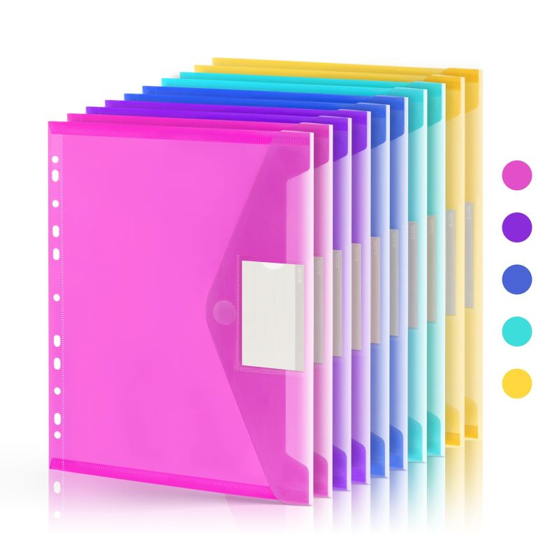 Document Folder: Letter/A4 Size, 10 Pcs 5 Vibrant Colors, 11 Holes For 3-Ring Binders - Enhanced Wear Resistance, External Tab For Easy Categorization File Organizer For School Office Daily Storage - Image 1