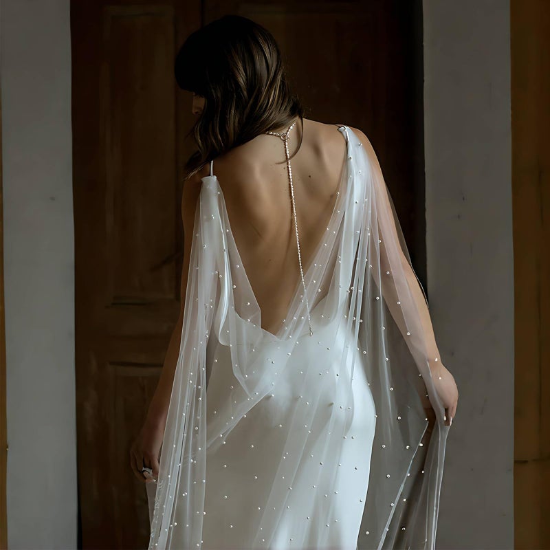 AMORARSI Pearl Wedding Shawl Womens Soft Tulle Wedding Wraps Shrug Bolero Cape Shoulder Covers Up Evening Prom Party Dress - Image 3