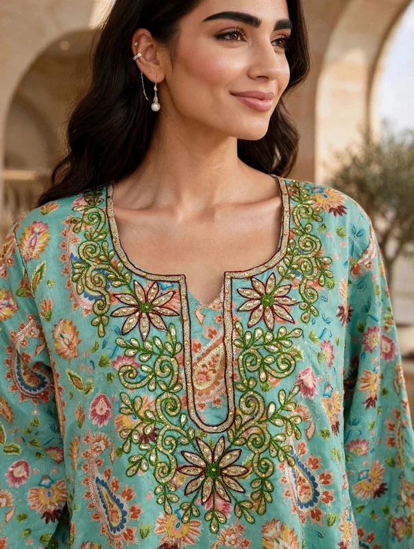 اكسا جلابية بطبعات البيزلي وصدر مطرز من إكسا