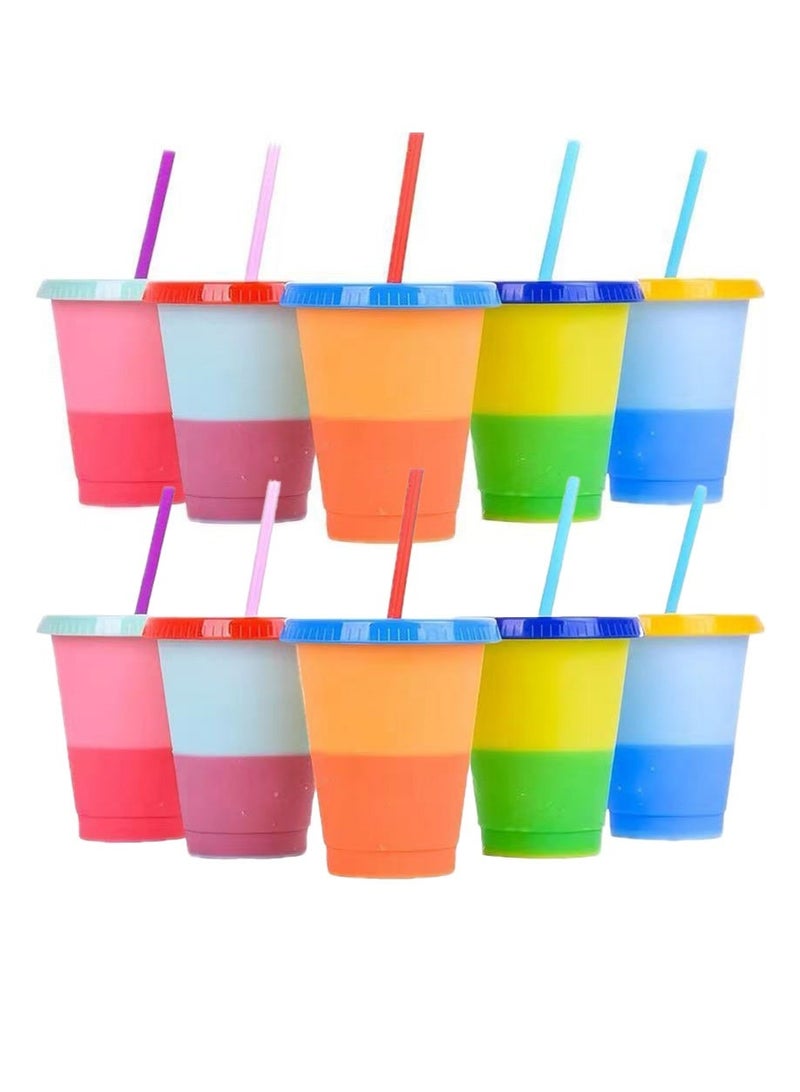 Aikanbo 475ml 10-piece Color-Changing Cup Set, 5 Colors of Plastic Cups, Reusable Glasses With Lids and Straws, Adult and Child Cold Drink Cups, Smoothie Cups, Iced Coffee Cups, Party Cups - Image 1