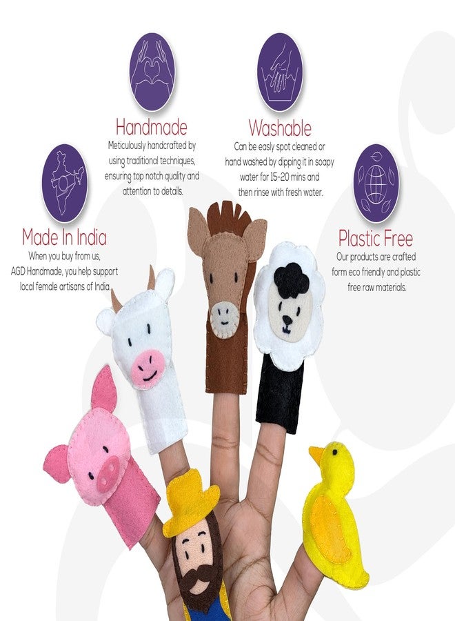 AGD Handmade Finger Puppets Old Macdonald Farm Animals Set with Nursery Rhyme Card, Educational Toys for Kids, Return Gifts for Birthday (Felt Fabric) - Image 4
