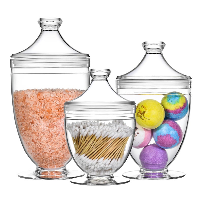 Wongblee Acrylic Apothecary Jars with Lids, 3-Piece Vanity Organizer Canisters, Storage Container Jars for Bathroom, Laundry Room, Kitchen, Candy Buffet - Image 1