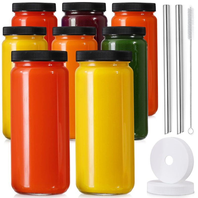Aozita [ 8 Pack ] Glass Juicing Bottles with 2 Straws & 2 Lids w Hole- 16 OZ Travel Drinking Jars, Water Cups with Black Airtight Lids, Reusable Tall Mason Jar for Juice, Bubble Tea, Smoothie, Tea, Kombucha  - Image 1