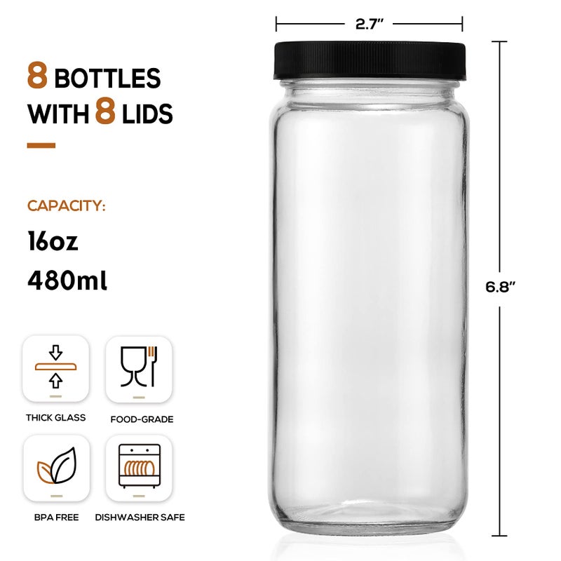 Aozita [ 8 Pack ] Glass Juicing Bottles with 2 Straws & 2 Lids w Hole- 16 OZ Travel Drinking Jars, Water Cups with Black Airtight Lids, Reusable Tall Mason Jar for Juice, Bubble Tea, Smoothie, Tea, Kombucha  - Image 2