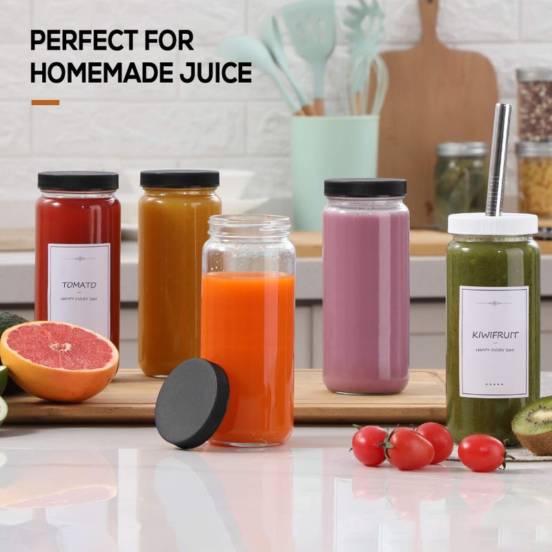Aozita [ 8 Pack ] Glass Juicing Bottles with 2 Straws & 2 Lids w Hole- 16 OZ Travel Drinking Jars, Water Cups with Black Airtight Lids, Reusable Tall Mason Jar for Juice, Bubble Tea, Smoothie, Tea, Kombucha  - Image 4