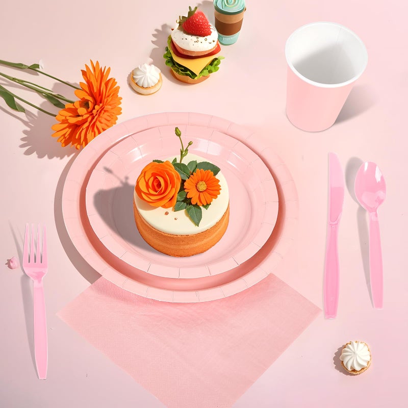 Ottin 169pcs Light Pink Paper Plates and Napkins Party Plastic Supplies Spoon Knives Fork Cup Tablecloth Disposable Decorations for Gilr or Women's Birthday Wedding Dinner Party Easter Mother's Day - Image 4