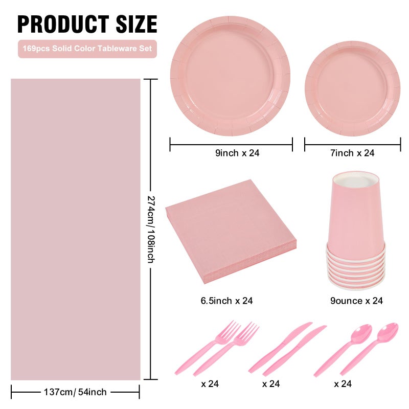 Ottin 169pcs Light Pink Paper Plates and Napkins Party Plastic Supplies Spoon Knives Fork Cup Tablecloth Disposable Decorations for Gilr or Women's Birthday Wedding Dinner Party Easter Mother's Day - Image 2