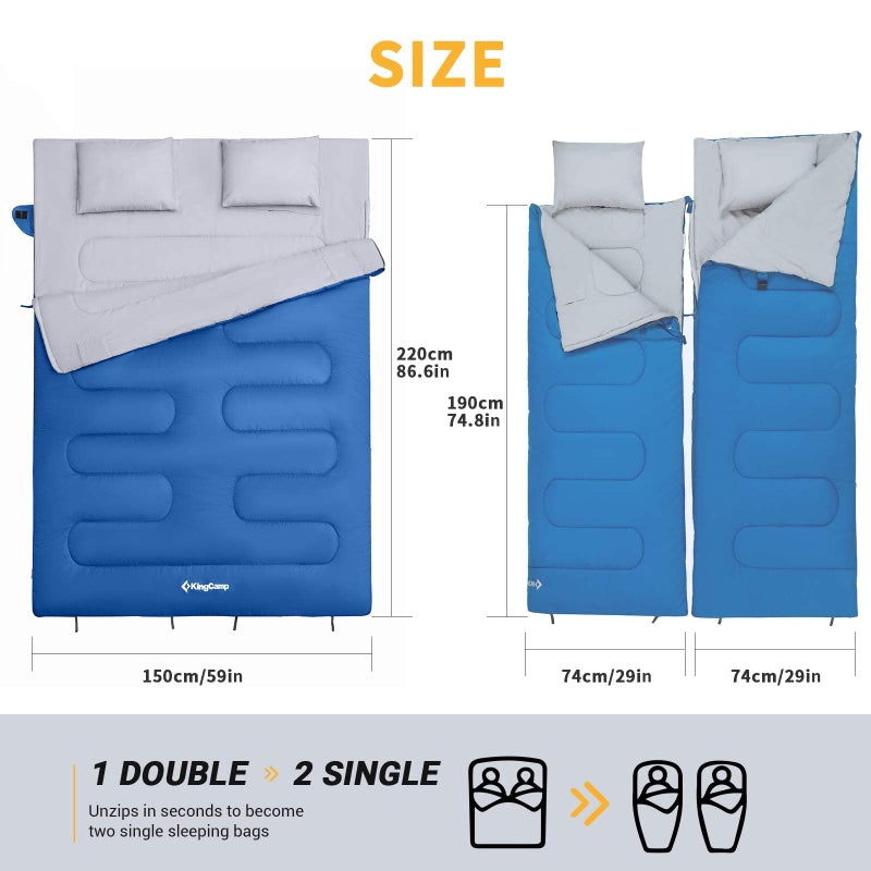 KingCamp Double Sleeping Bag for Adults with 2 Pillows 220 × 150cm King Size & Extra-Large & Wide Waterproof Rectangular Sleeping Bags for Camping Hiking Indoor Outdoor - Image 2