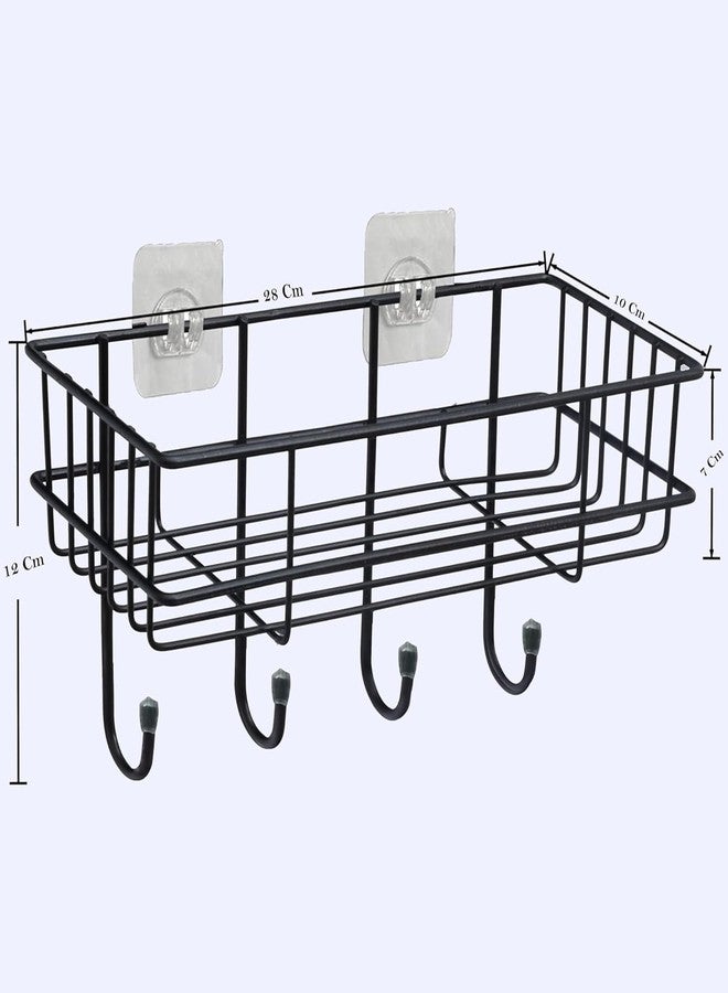 Bathoyum 2 pc Self-Adhesive Metal Bathroom Rack Rust Proof Bathroom Organiser Without Drill Premiun Bathroom Shelves Wall Mounted Shelves Kitchen Shelf Storage Rack with 4 Hooks (Black) (2) - Image 3