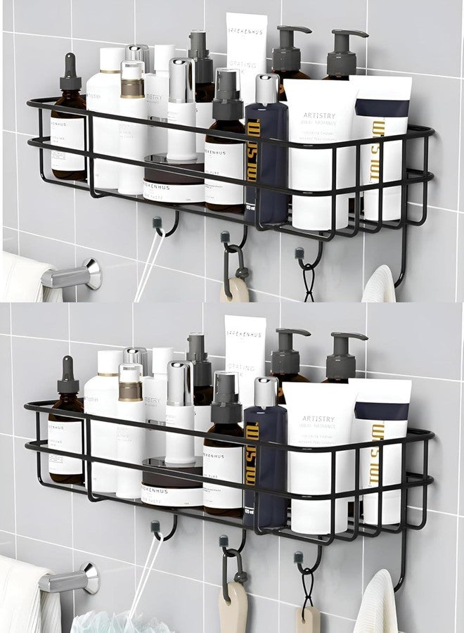 Bathoyum 2 pc Self-Adhesive Metal Bathroom Rack Rust Proof Bathroom Organiser Without Drill Premiun Bathroom Shelves Wall Mounted Shelves Kitchen Shelf Storage Rack with 4 Hooks (Black) (2) - Image 1