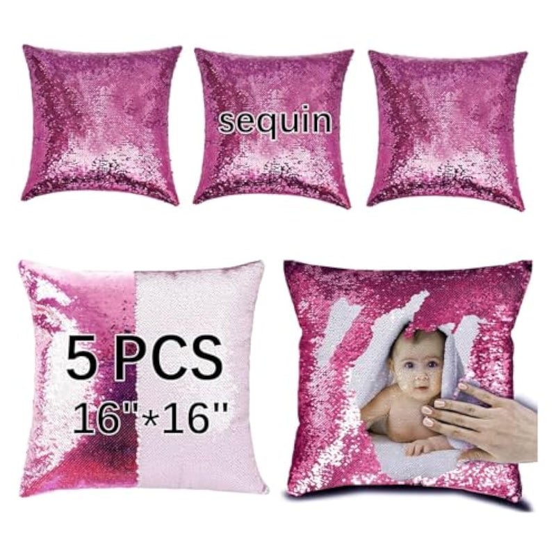 ORJ Sublimation Sequin Pillow Case Blanks 16x16 Flip Reversible Mermaid Decorative Personalized Cushion Throw Pillow Covers for Kids Rose red