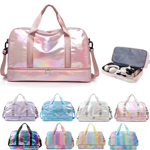 Aikelai Holographic Shimmering Gym Duffle Bag with Shoes Compartment Wet Pocket Women Weekend Overnight Travel Bag Gymnastic Dance Bag for Girl pink - Image 1