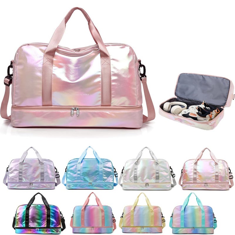 Aikelai Holographic Shimmering Gym Duffle Bag with Shoes Compartment Wet Pocket Women Weekend Overnight Travel Bag Gymnastic Dance Bag for Girl pink - Image 2
