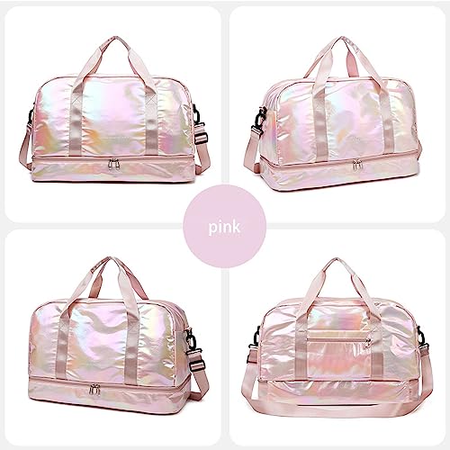 Aikelai Holographic Shimmering Gym Duffle Bag with Shoes Compartment Wet Pocket Women Weekend Overnight Travel Bag Gymnastic Dance Bag for Girl pink - Image 3