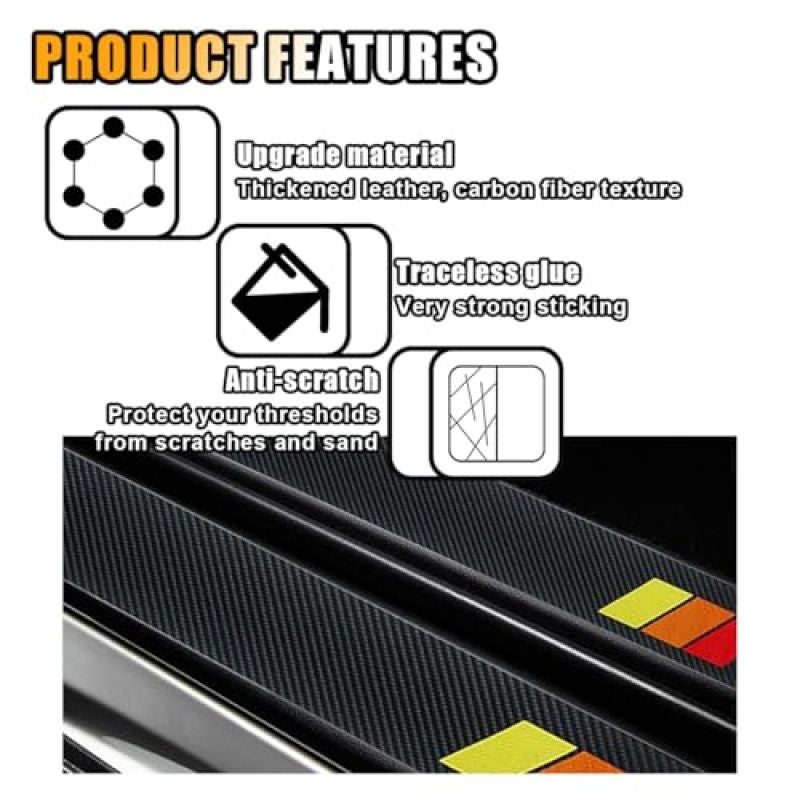 Carbon Fiber Door Sill Protector 4-Piece Tri-Color Set - Scratch Resistant Waterproof Self-Adhesive Door Sill Guard for Most Cars SUVs Commercial Vehicles - Image 3