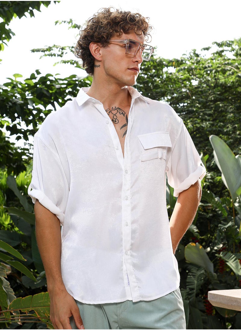 Campus Sutra Campus Sutra Men's Chalk White Satin-Utility Oversized Shirt For Casual Wear | Spread Collar | Short Cuffed Sleeves | Button Closure | Oversized Shirt Crafted With Comfort Fit For Everyday Wear  - Image 1