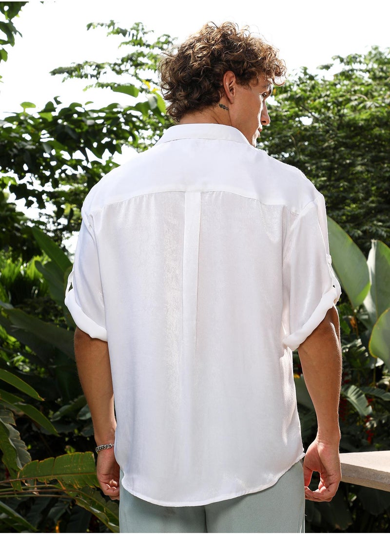 Campus Sutra Campus Sutra Men's Chalk White Satin-Utility Oversized Shirt For Casual Wear | Spread Collar | Short Cuffed Sleeves | Button Closure | Oversized Shirt Crafted With Comfort Fit For Everyday Wear  - Image 5