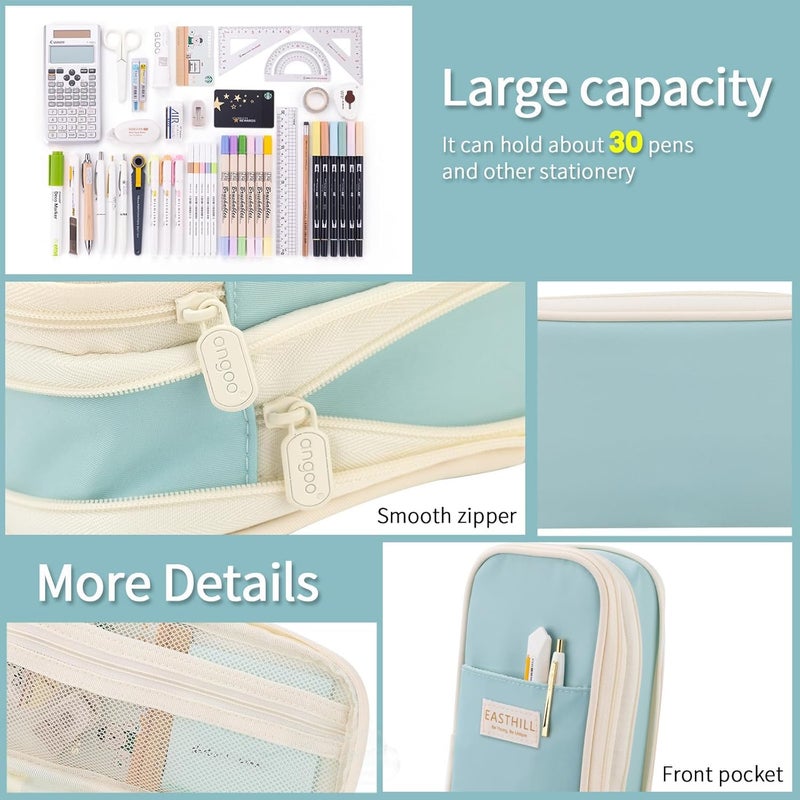 PRANIJ Cute Aesthetic Large Capacity Expandable Pencil Case Pouch with Zipper Portable Office Stationery Desk Organizer for School Collage Boys Girls Adults Women Men (Light Blue) - Image 3