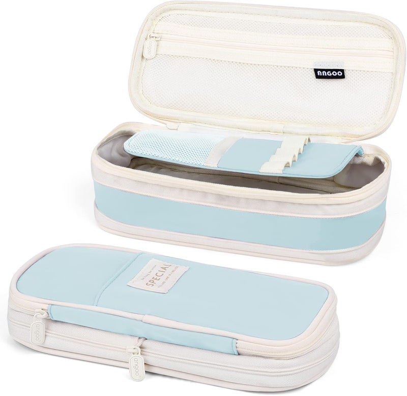 PRANIJ Cute Aesthetic Large Capacity Expandable Pencil Case Pouch with Zipper Portable Office Stationery Desk Organizer for School Collage Boys Girls Adults Women Men (Light Blue) - Image 1