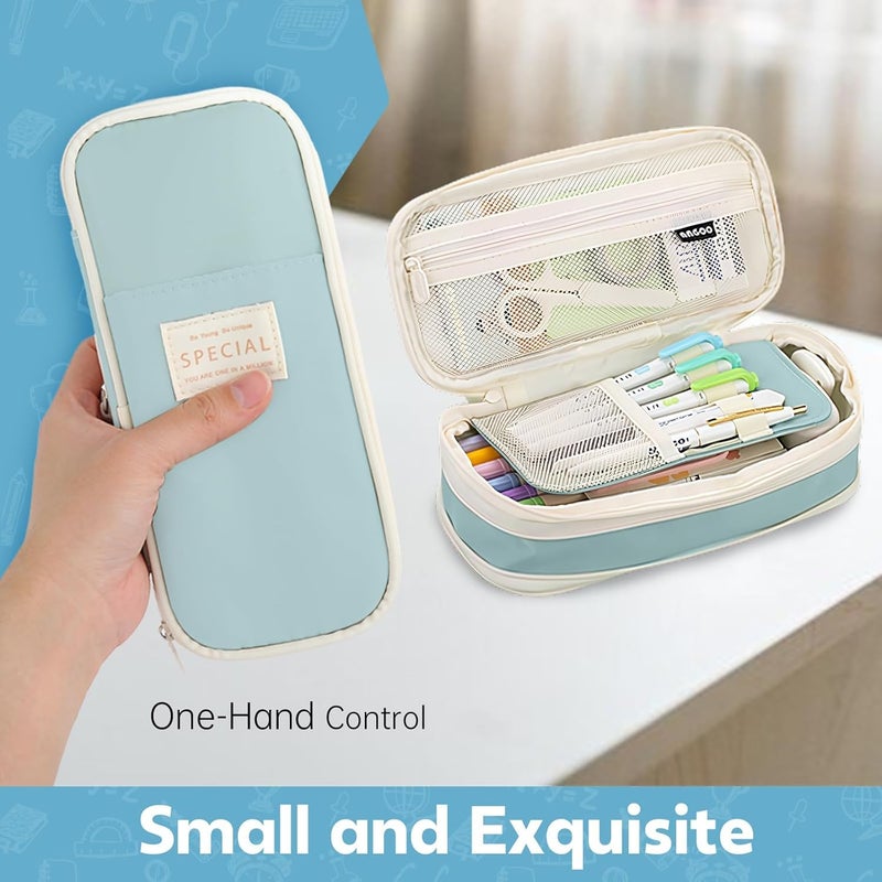 PRANIJ Cute Aesthetic Large Capacity Expandable Pencil Case Pouch with Zipper Portable Office Stationery Desk Organizer for School Collage Boys Girls Adults Women Men (Light Blue) - Image 4